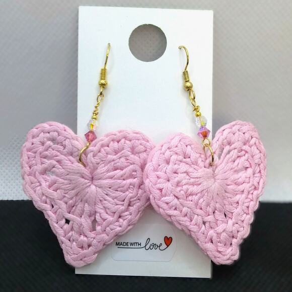 Crochet Heart Shaped Statement Earrings Handmade Dangle Pink Swarovski Crystals - Picture 1 of 6